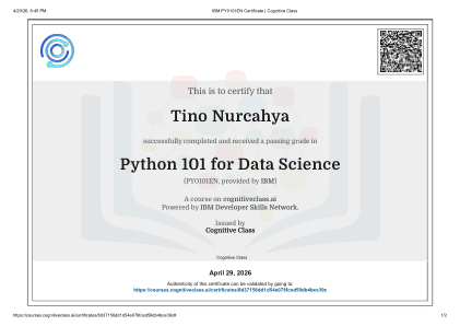 Certificate: Python 101 for Data Science   Cognitive Class